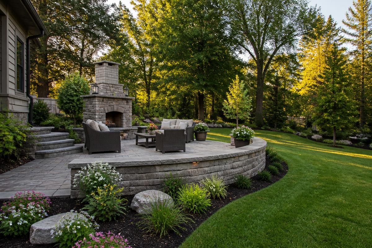 Elegant backyard stone patio with retaining wall and landscaping